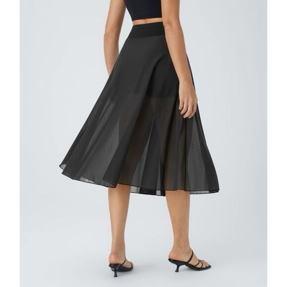 Halara High Waisted Drawstring Contrast Mesh Flowy midi Flare Casual Skirt - Picture 2 of 9